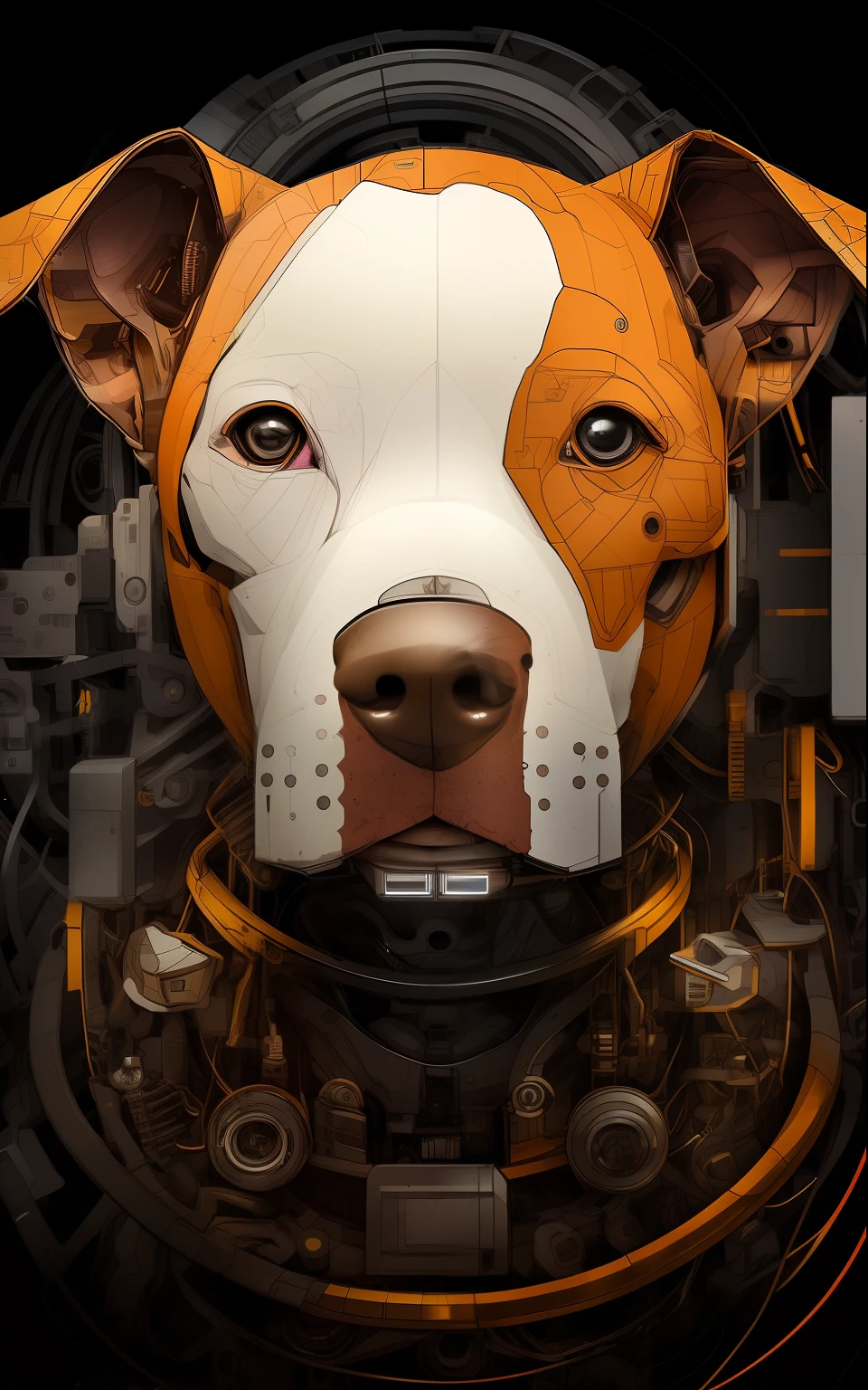 A close up of a dog wearing a helmet with a machine in the background ...