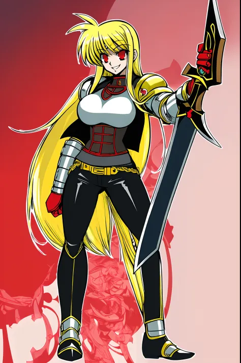 fate testarossa,magic blade, mahou shoujo lyrical nanoha, full body, large breasts, medieval, blonde hair, red eyes black clothes, warrior, pants, medieval clothing, medieval fantasy, holding up blade,smile