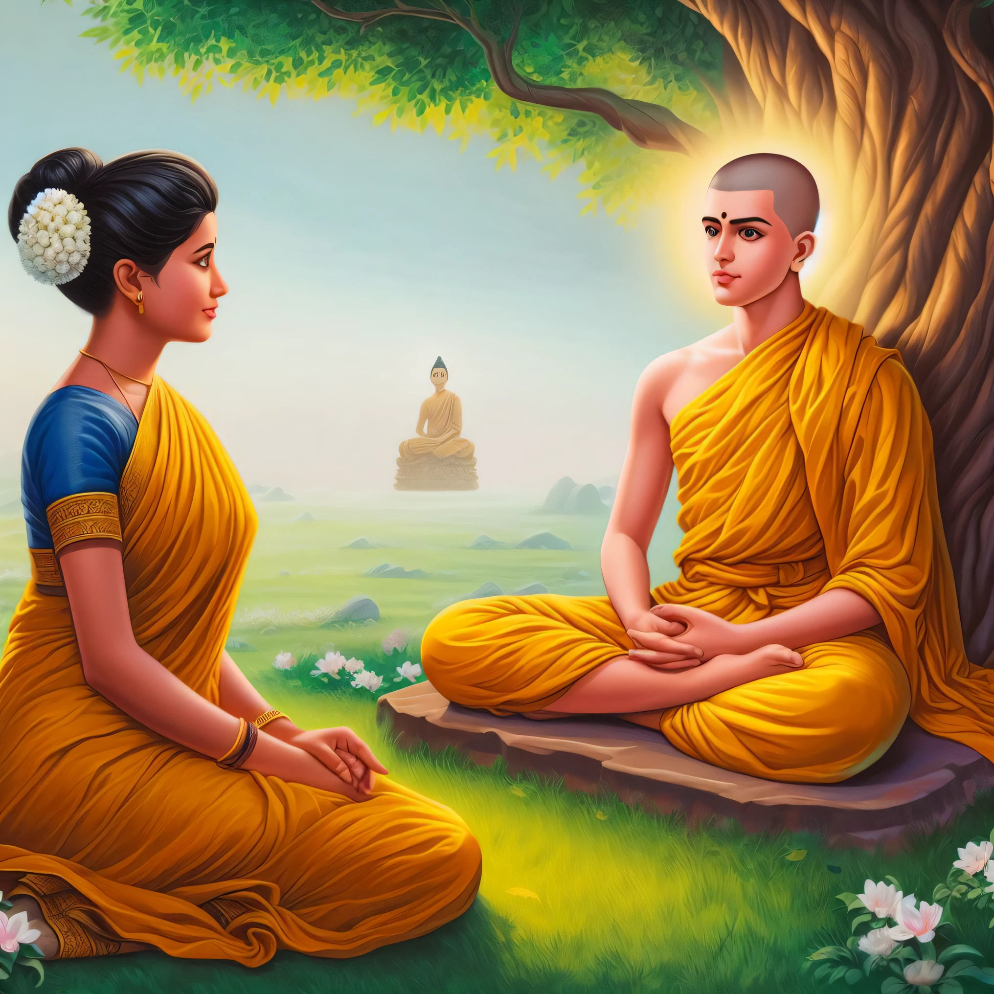 A painting of two monks sitting under a tree in a field - SeaArt AI