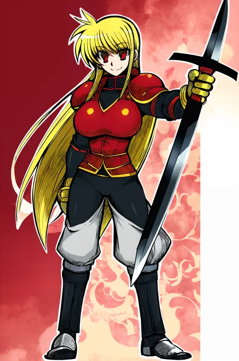 fate testarossa,magic blade, mahou shoujo lyrical nanoha, full body, large breasts, medieval, blonde hair, red eyes black clothes, warrior, pants, medieval clothing, medieval fantasy, holding up blade,smile