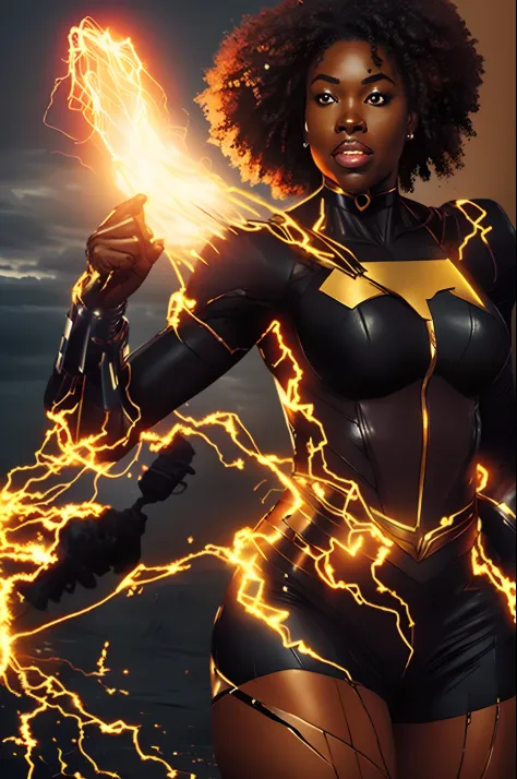 Make a black woman superhero with electricity powers