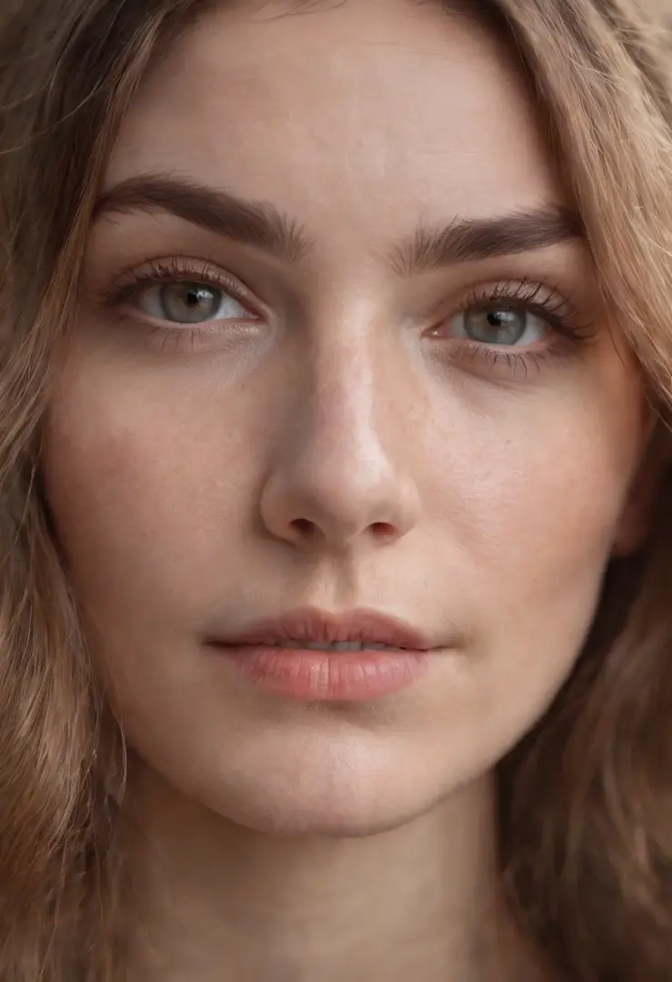 Create a deeply realistic half-face portrait of a woman, embracing imperfections in her skin and hair. Zoom in to showcase intricate details like visible pores, subtle blemishes, and scattered freckles. Capture the complexity of her eyes with well-defined ...