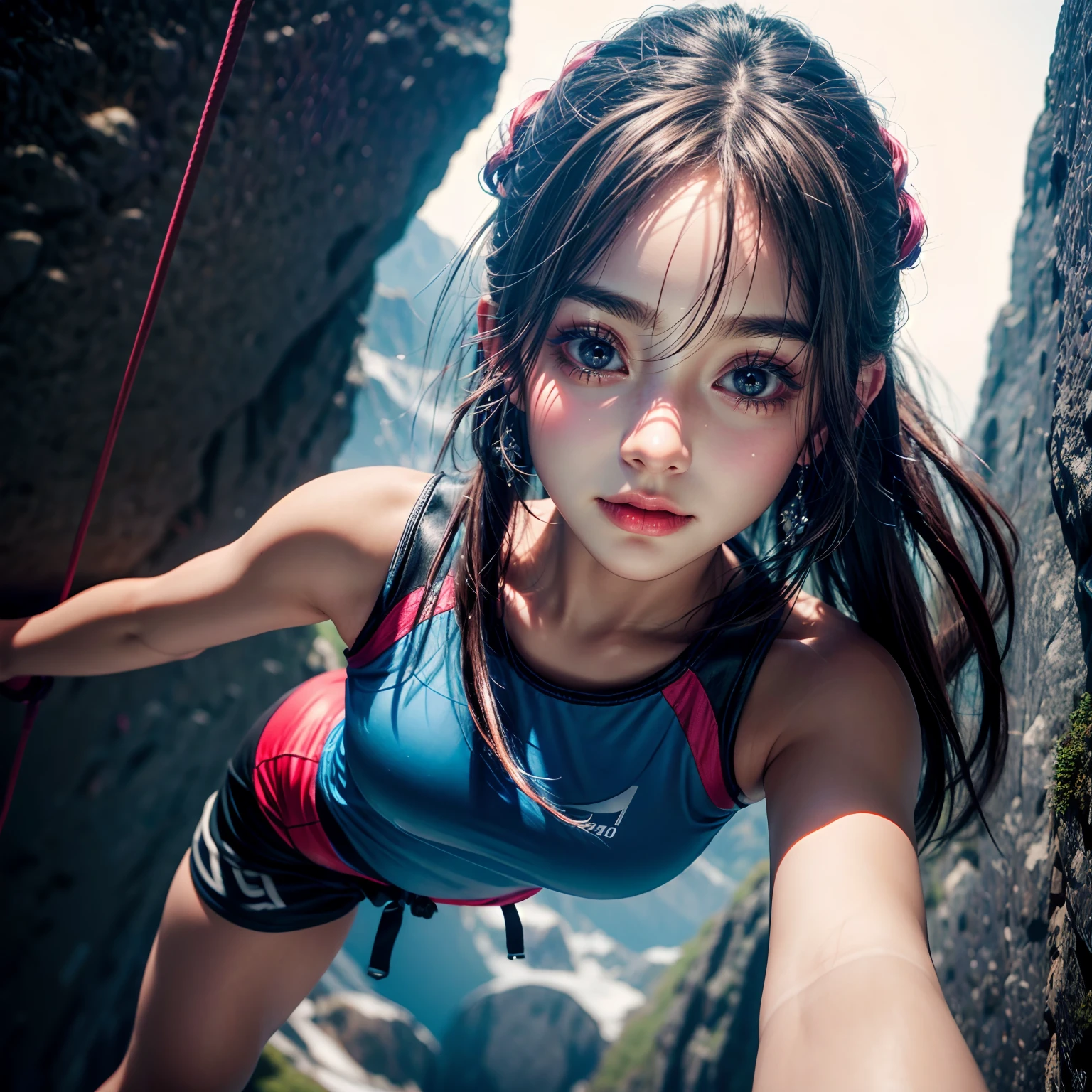 (最高品質,超詳細),肖像画,登山少女,あなたは死ぬでしょう,スポーツクライミング,トップホールド,とてもかわいい,鮮やかな色彩,スタジオ照明,シャープなフォーカス