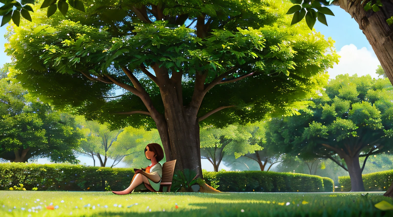 A woman sits in the shade of a beautiful tree where rays of sunlight pass through the leaves of this tree she is on a green lawn all in bloom, com alguns passaros