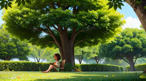 A woman sits in the shade of a beautiful tree where rays of sunlight pass through the leaves of this tree she is on a green lawn...