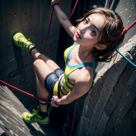 (best quality,ultra-detailed),portraits,climbing girl,Ai mori,sports climbing, looking up top hold, heel hook,very cute,vivid co...