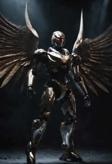 Create a riveting image of a feared AI robot, renowned for its agility and mastery of Jujitsu. Envision the robot donning a torn, dirty hooded cape, instilling a sense of ominous prowess. Picture mechanical fallen angel wings emerging from its back, a fusi...