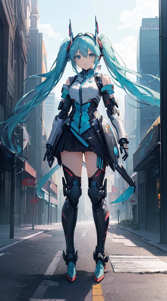 ((((masterpiece, high quality, very_high_resolution, anime colored, high quality)))) hatunemiku VOCALOID, twintail, turquoise hair, mecha, 1girl, cyberpunk, realistic, mechanical parts, robot joints, headgear, full armor, high heels, armor color{{{{white}}}},high quality,