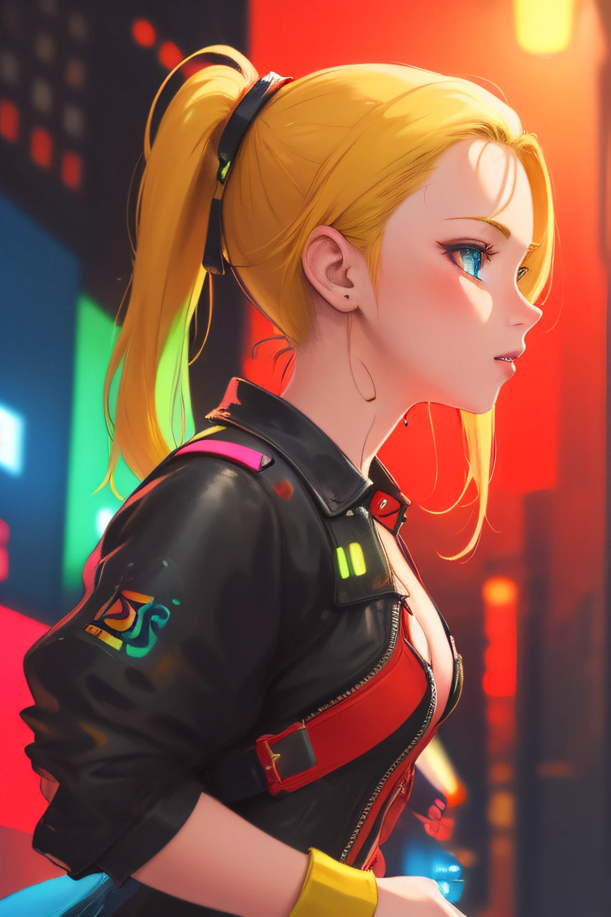 masterpiece, highest quality, realistic, subsurface scattering, chromatic lighting, colourful, red + yellow + green + blue limited colour palette, detailed conceptual drawing, line art, illustration, cyberpunk,
42 years old 1girl, small breasts, blonde, Outgoing, ponytail hair, punk black dress,
pleated
America
city
club, people,
wet
Detailed background
