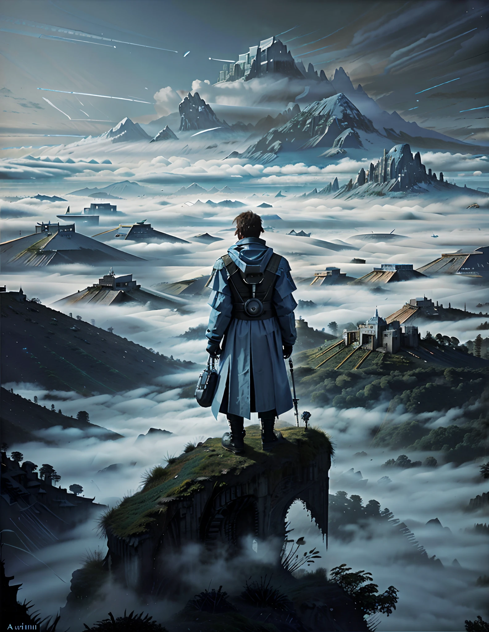 Alien planet , cyber punk style，The picture is mainly powder blue，A painting of a man standing on a hill looking at a misty valley, wanderer above the sea of fog, Inspired by Caspar David Friedrich, a wanderer on a mountain, David Friedrich, Arthur David Friedrich, author：Caspar David Friedrich, romanticism painting, Inspired by Friedrich Ritter von Friedland-Malheim, Caspar Friedrich