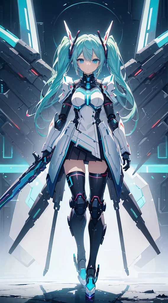 ((((masterpiece, high quality, very_high_resolution, anime colored, high quality)))) hatunemiku VOCALOID, twintail, turquoise hair, mecha, 1girl, cyberpunk, realistic, mechanical parts, robot joints, headgear, full armor, high heels, armor color{{{{white}}}},high quality,