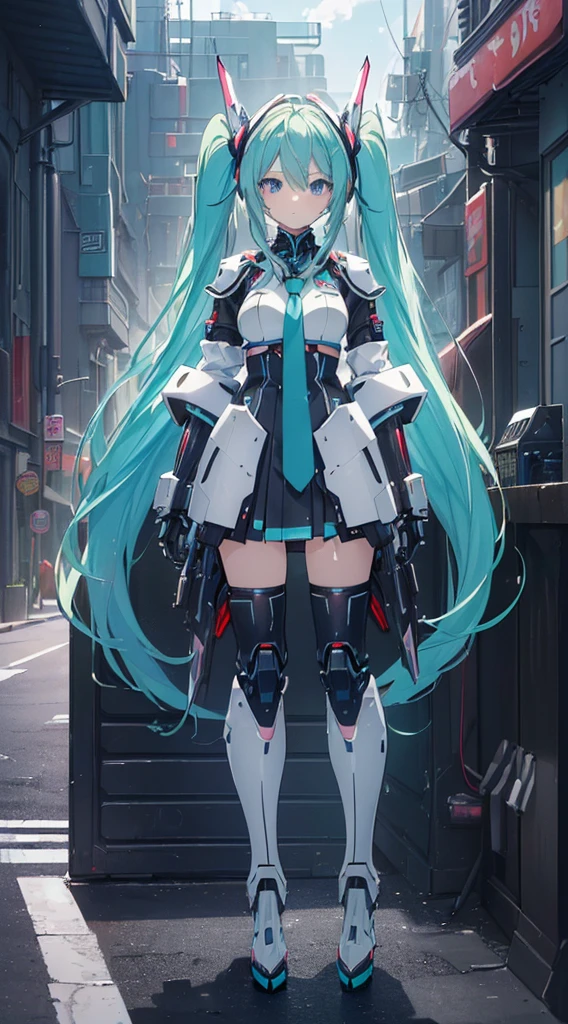 ((((masterpiece, high quality, very_high_resolution, anime colored, high quality)))) hatunemiku VOCALOID, twintail, turquoise hair, mecha, 1girl, cyberpunk, realistic, mechanical parts, robot joints, headgear, full armor, high heels, armor color{{{{white}}}},high quality,