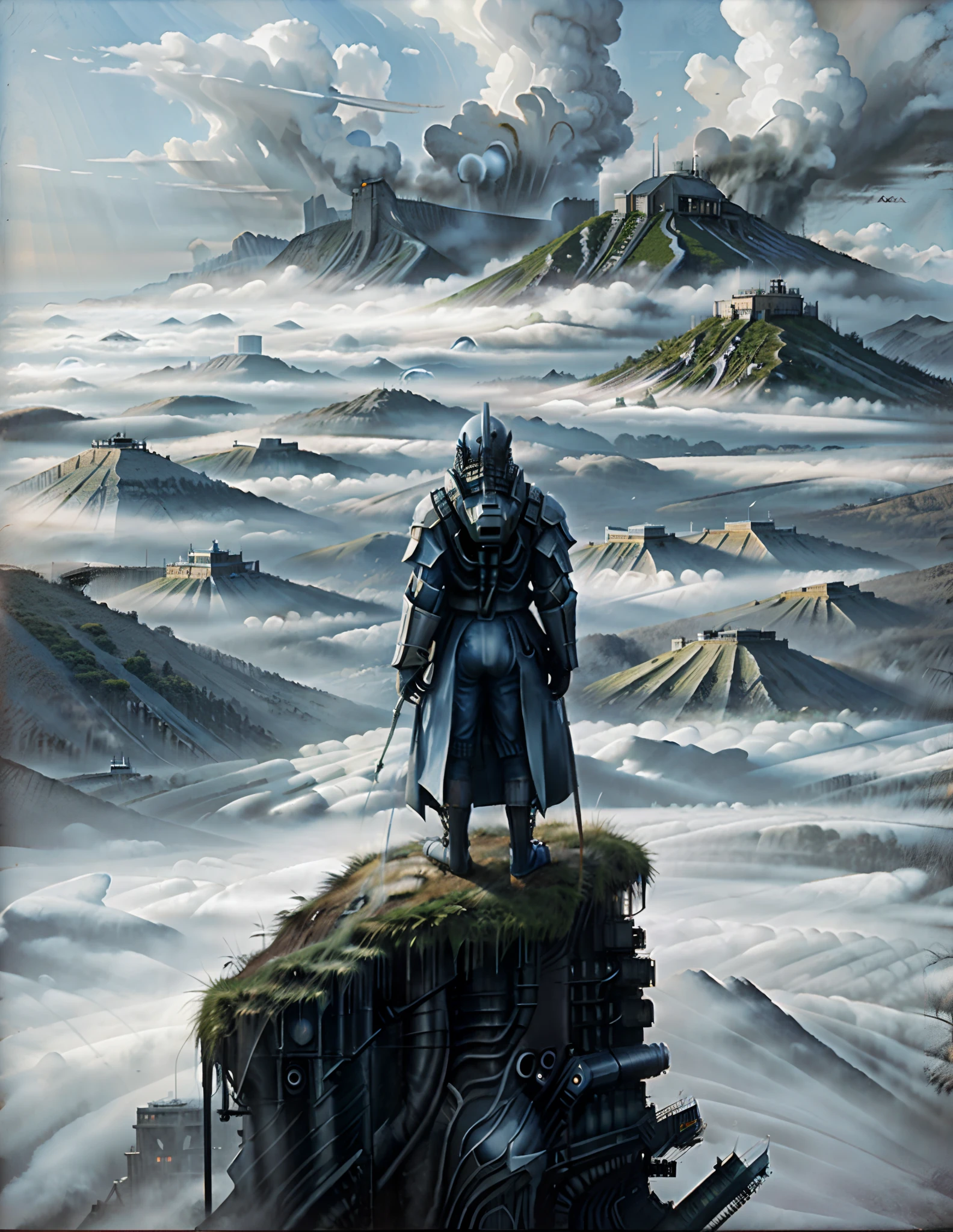 Alien planet land  , cyber punk style，The picture is mainly powder blue，A painting of a man standing on a hill looking at a misty valley, wanderer above the sea of fog, Inspired by Caspar David Friedrich, a wanderer on a mountain, David Friedrich, Arthur David Friedrich, author：Caspar David Friedrich, romanticism painting, Inspired by Friedrich Ritter von Friedland-Malheim, Caspar Friedrich