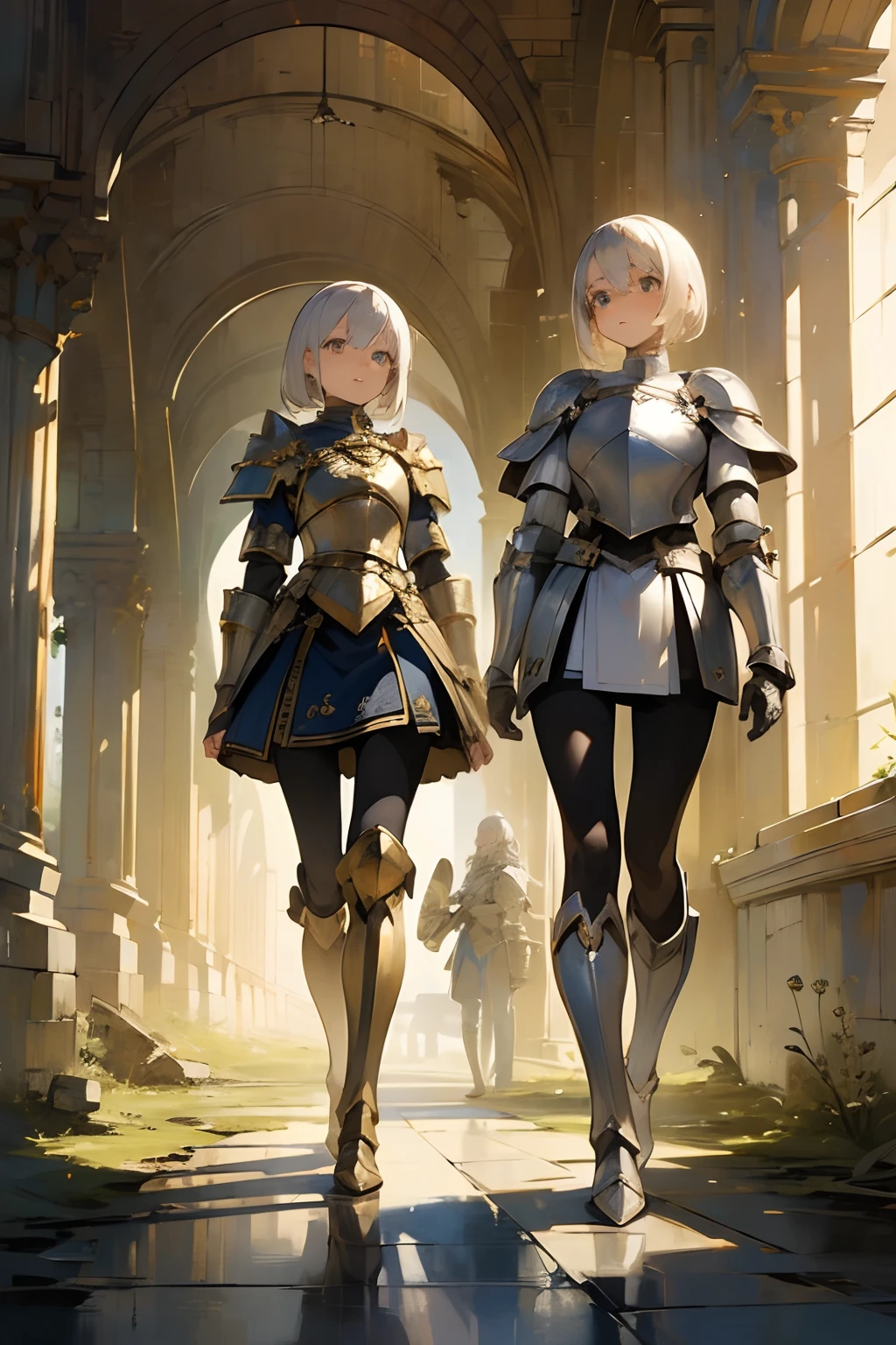 (((masterpiece))), (((best quality))), ((ultra-detailed)), (cinematic lighting), (illustration), (beautiful detailed eyes), (2girls), full body, space, knight, armour, light hair, skirt, walking, ruins, (masterpiece, 2girls A and B), best quality, expressive eyes, perfect face, Girl A: (blonde hair, long hair, wearing skirt, black pantyhose, silver armour), Girl B: (white hair, short hair, jumpsuit, white and gold armour),