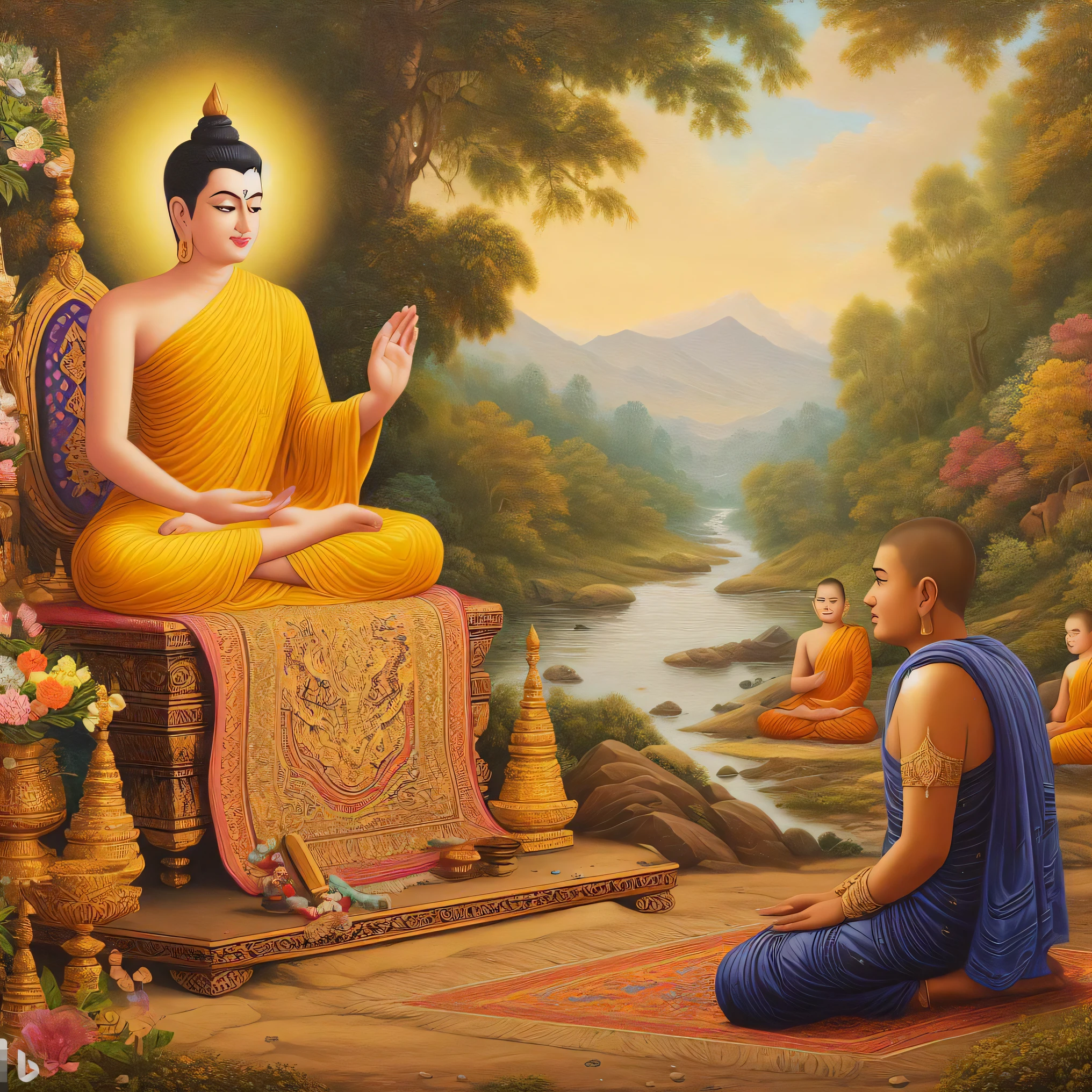 painting of a man sitting on a bench in front of a buddha, buddhism ...