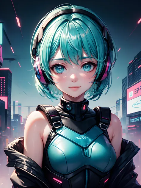 1girl in, android, Cyberpunk, Cyan hair, cyan eyes, Short hair, White breastplate, Black headphones, Mechanical White Bodysuit, ...