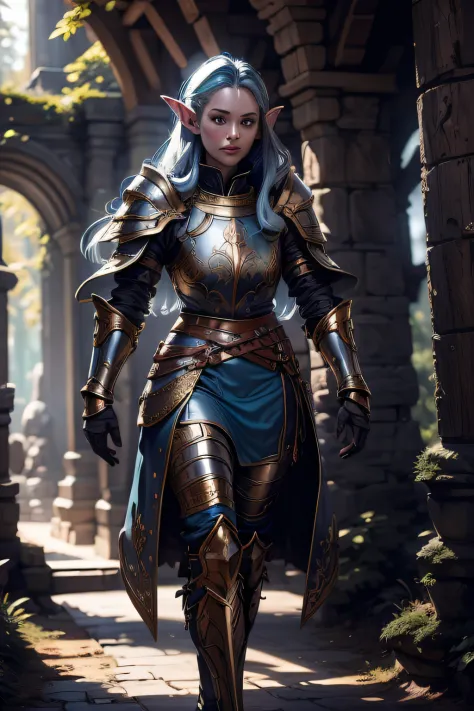 Elf Princess Felicia Silverwind, with dark blue balayage hair, pale skin, wearing black brigandine armor with gold details, with...
