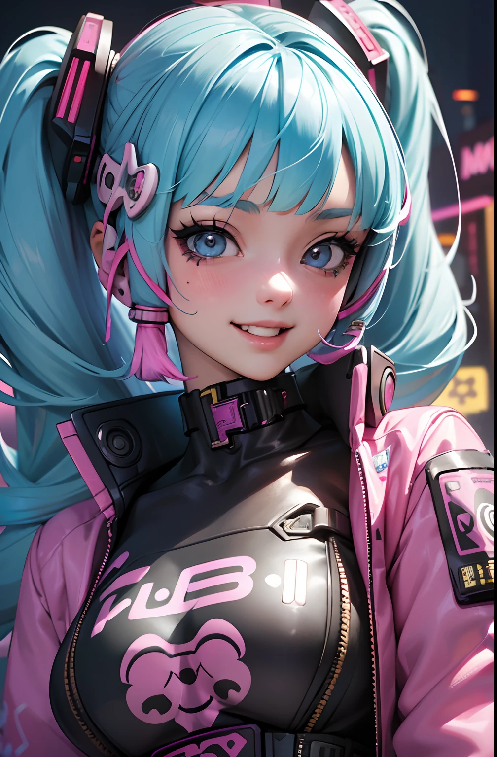 Anime masterpiece, best quality, (((laughing teenaged cyberpunk girl ((wearing detailed Harajuku tech jacket)) posing for portrait))), (((Harajuku cyberpunk clothing)))), (bold colors and patterns), eye-catching accessories, trendy and innovative hairstyle))), ((insane detail)), dazzling Cyberpunk cityscape, skyscrapers, glowing neon signs, (LED lights), anime illustration, detailed skin texture, detailed cloth texture, beautiful detailed face, intricate details, ultra detailed, strong contrast, colorful.