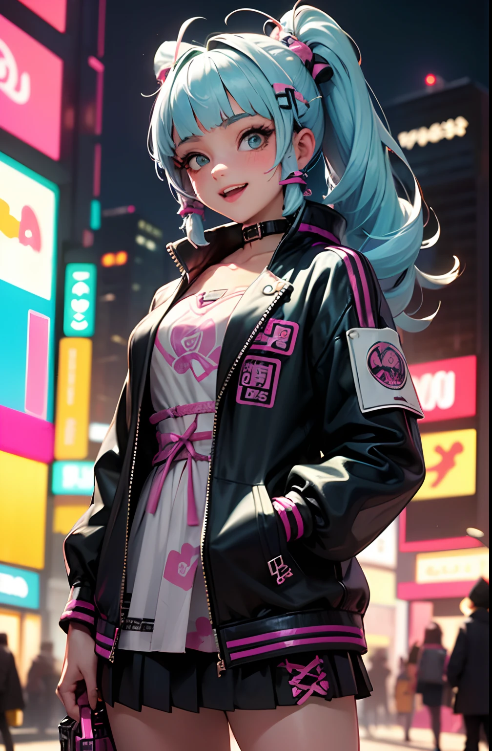 Anime masterpiece, best quality, (((laughing teenaged cyberpunk girl ((wearing detailed Harajuku tech jacket)), (((Harajuku cyberpunk clothing)))), (bold colors and patterns), eye-catching accessories, trendy and innovative hairstyle))), (cowboy shot), ((insane detail)), dazzling Cyberpunk cityscape, skyscrapers, glowing neon signs, (LED lights), anime illustration, detailed skin texture, detailed cloth texture, beautiful detailed face, intricate details, ultra detailed, strong contrast, colorful.