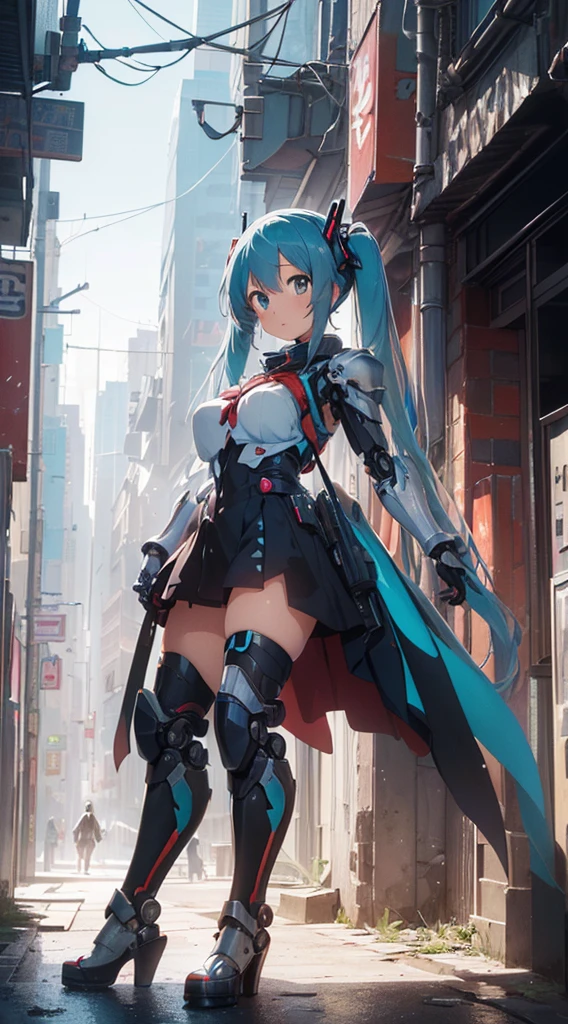 ((((masterpiece, high quality, very_high_resolution, anime colored, high quality)))) hatunemiku VOCALOID, twintail, turquoise hair, mecha, 1girl, cyberpunk, realistic, mechanical parts, robot joints, headgear, full armor, high heels, armor color{{{{white}}}},high quality,