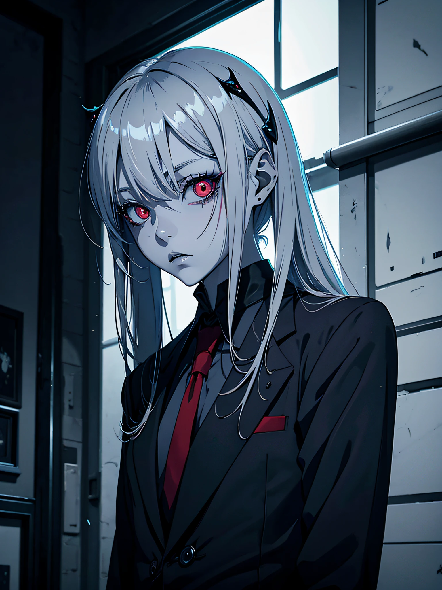 Anime girl with long white hair and red eyes in a suit - SeaArt AI