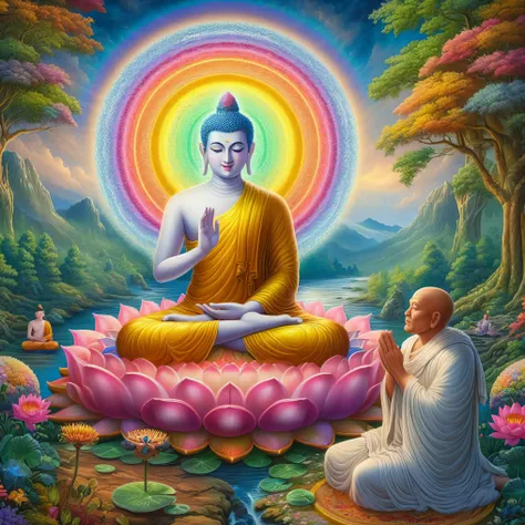 buddha sitting in meditation surrounded by flowers and trees, buddhism ...