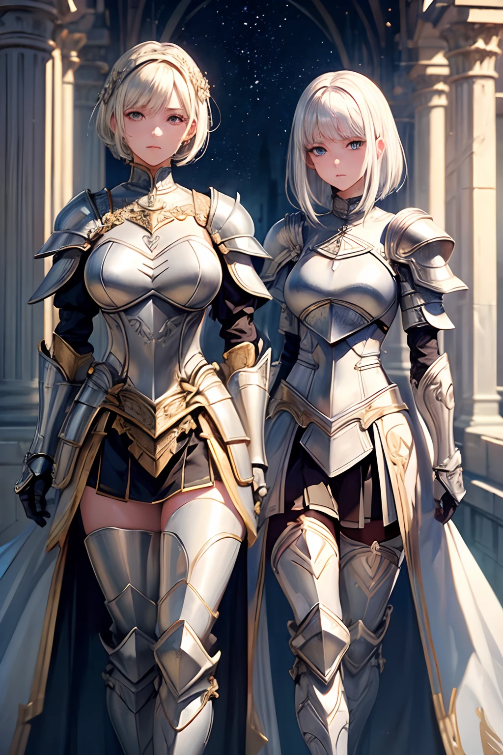 (((masterpiece))), (((best quality))), ((ultra-detailed)), (cinematic lighting), (illustration), (beautiful detailed eyes), (2girls), full body, space, knight, armour, light hair, skirt, walking, ruins, (masterpiece, 2girls A and B), best quality, expressive eyes, perfect face, Girl A: (blonde hair, long hair, wearing skirt, black pantyhose, white and gold armour), Girl B: (white hair, short hair, jumpsuit, silver armour),