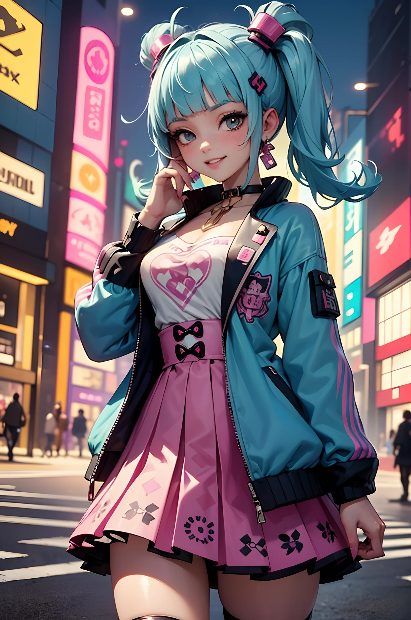 Anime masterpiece, best quality, (((smiling teenaged cyberpunk girl ((wearing detailed Harajuku tech jacket)), (((Harajuku cyberpunk clothing)))), (bold colors and patterns), eye-catching accessories, trendy and innovative hairstyle))), (cowboy shot), ((insane detail)), dazzling Cyberpunk cityscape, skyscrapers, glowing neon signs, (LED lights), anime illustration, detailed skin texture, detailed cloth texture, beautiful detailed face, intricate details, ultra detailed, strong contrast, colorful, dynamic pose.