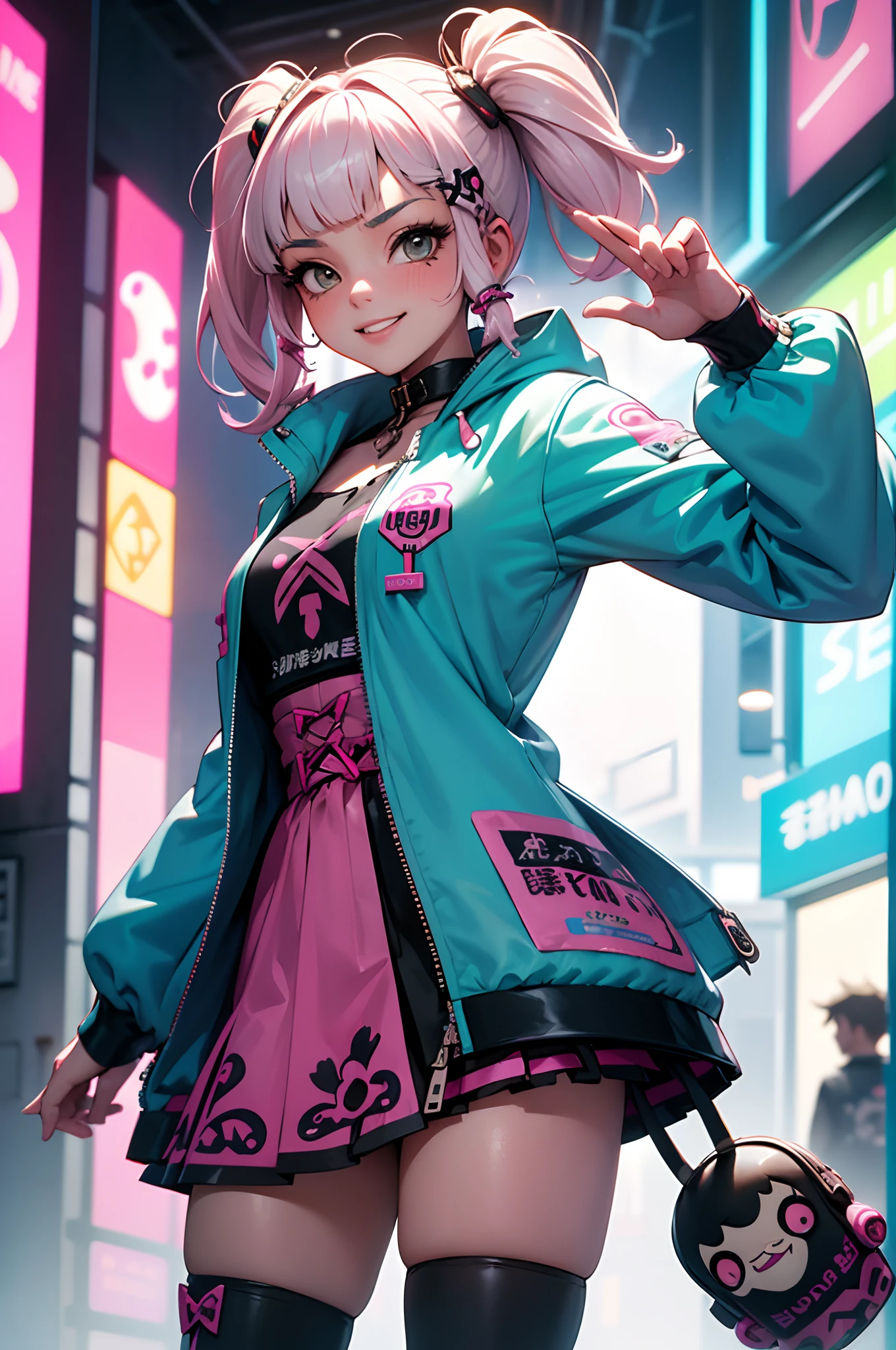 Anime masterpiece, best quality, (((smiling teenaged cyberpunk girl ((wearing detailed Harajuku tech jacket)), (((Harajuku cyberpunk clothing)))), (bold colors and patterns), eye-catching accessories, trendy and innovative hairstyle))), (cowboy shot), ((insane detail)), dazzling Cyberpunk cityscape, skyscrapers, glowing neon signs, (LED lights), anime illustration, detailed skin texture, detailed cloth texture, beautiful detailed face, intricate details, ultra detailed, strong contrast, colorful, dynamic pose.