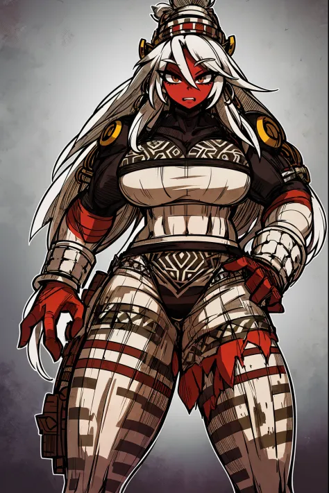 Ebony skinned female with white dreadlocks, thicc, wearing tribal warrior outfit