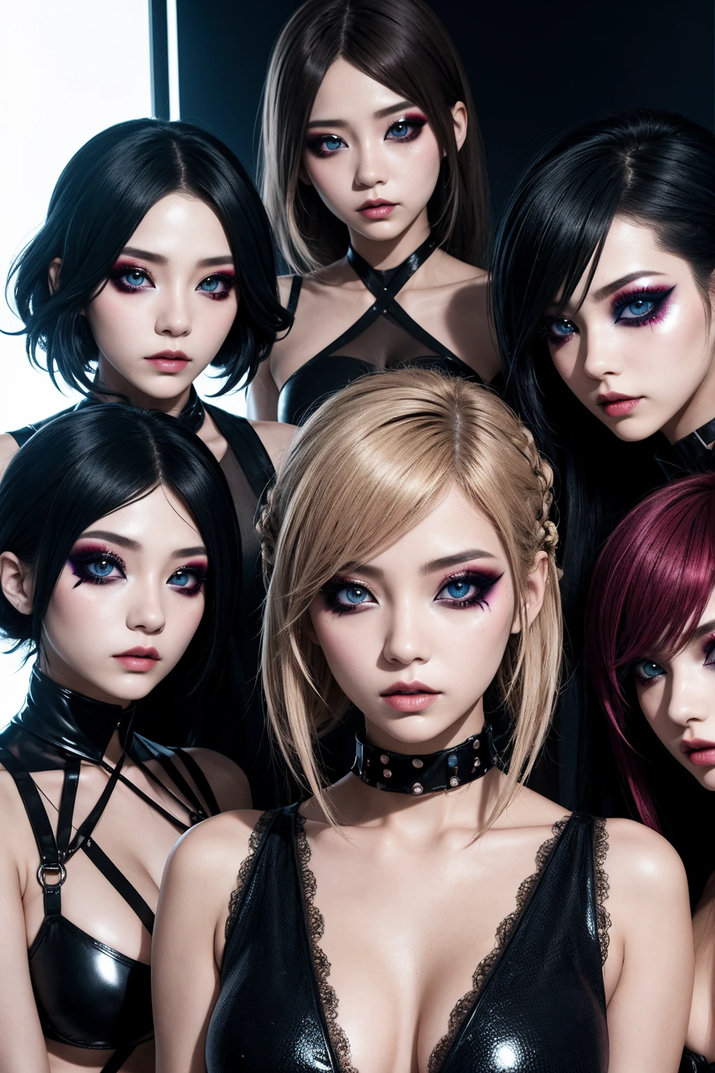 Close-up of a group of visual kei fashion models, highlighting the avant-garde makeup,bright eyes, and elaborate hairstyle, against a futuristic and vibrant studio setting, massive cleavage, dynamic photography style, high-definition quality.