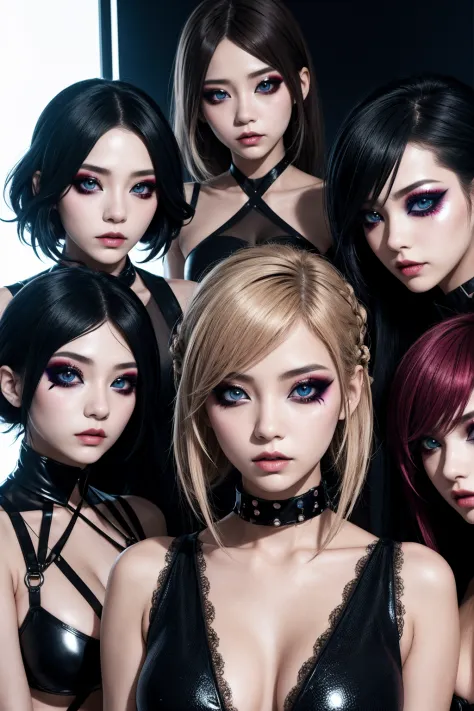 close-up of a group of visual kei fashion models, highlighting the avant-garde makeup,bright eyes, and elaborate hairstyle, agai...