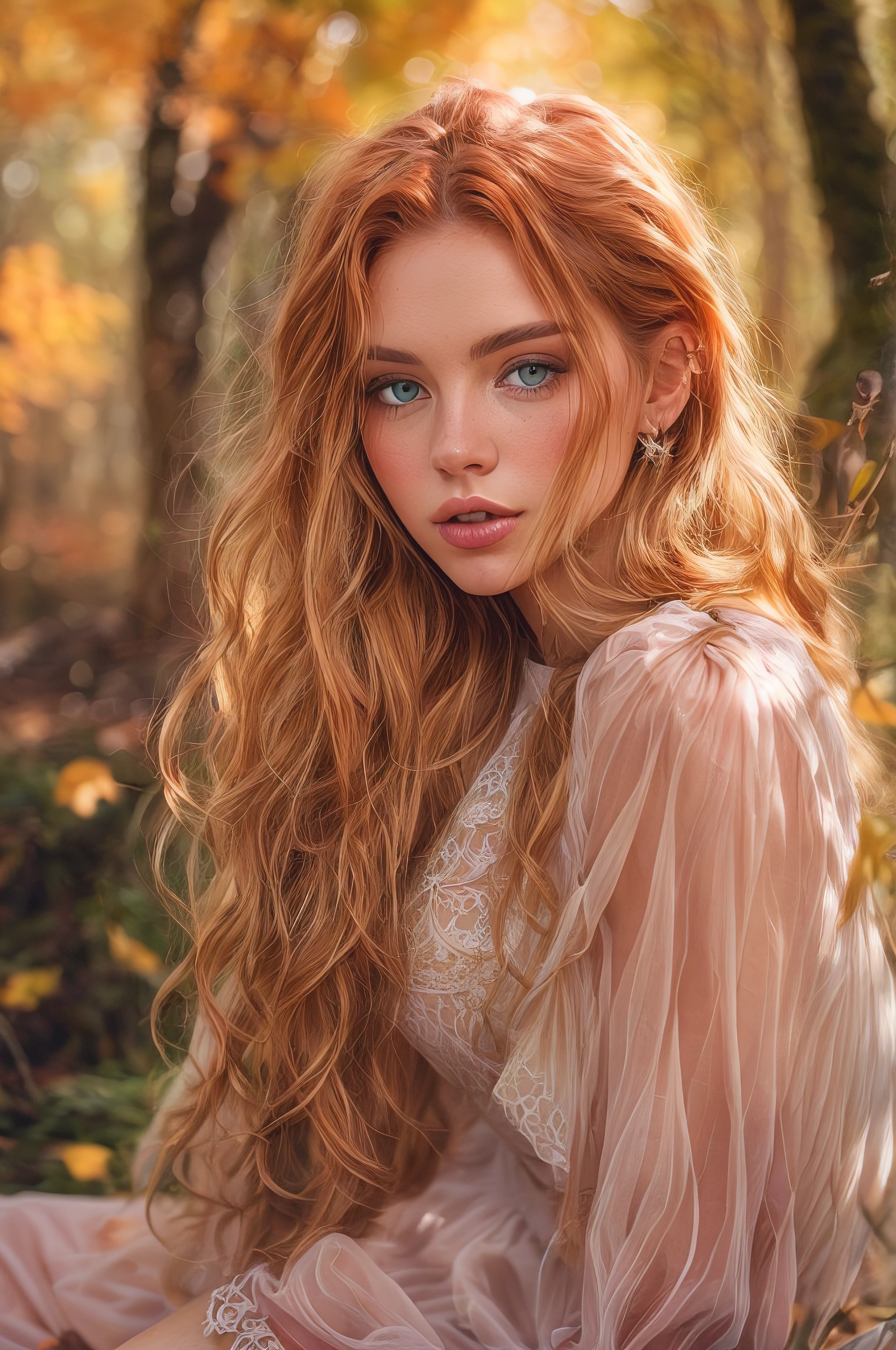 nordic young woman, cute face, seductive, best quality, masterpiece, translucent autumn dress, sunset, detailed textures, long braded hair, sitting outside in a forest, posing, casual pose, leaves-falling, [blush], aesthetic, intricate, caustics, light rays, sunlight, soft lips, glossy lips, highly detailed, (semi-realistic:1.2), red-hair, detailed face (close shot)