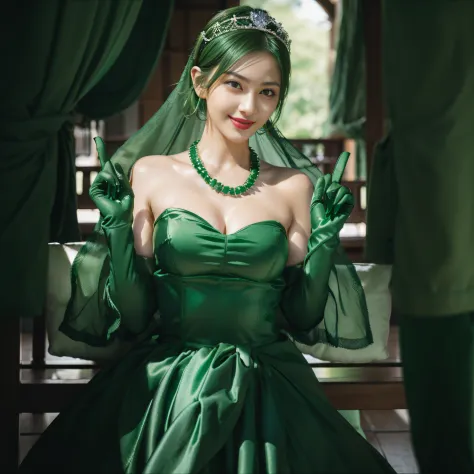 emerald tiara, Green Pearl Necklace, Boyish very short green hair, lipsticks, Japan woman smiling, very short short hair,  big b...