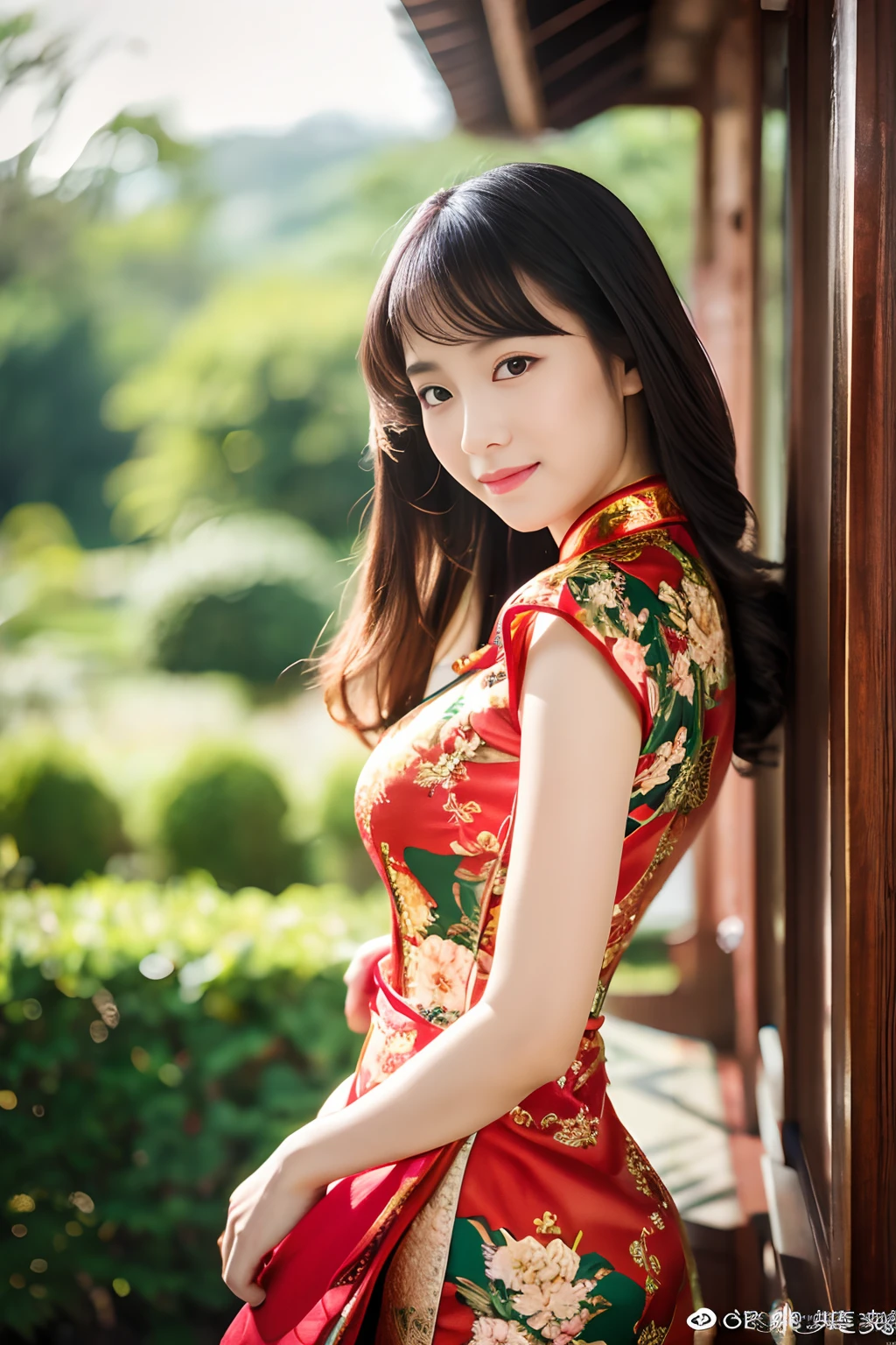 8k, highest quality, ultra details, Chinese-Indonesian girl, traditional dress, floral pattern, elegant pose, natural lighting, vibrant colors, cultural fusion