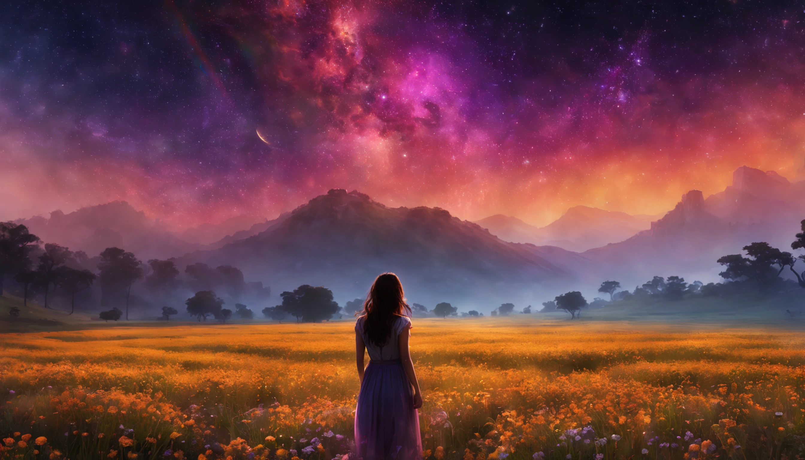 Vasta foto de paisagem, (vista de baixo, The sky is above and the open field is below), a girl standing on a flower field looking up, (lua cheia: 1.2), (meteoro: 0.9), (nebulosa: 1.3), montanhas distantes, Árvores BREAK Crafting Art, (Luz Quente: 1.2), (Vagalumes: 1.2), Luzes, Muito Roxo e Laranja, Detalhes Intrincados, volumeric lighting, Realismo BREAK (Obra-prima: 1.2), (melhor qualidade), 4k, ultra-detalhado, (dynamic compositing: 1.4), detalhes muito detalhados e coloridos, (rainbow colors: 1.2), (bright illumination, Atmospheric Illumination), sonhador, magica, (solo: 1.2)