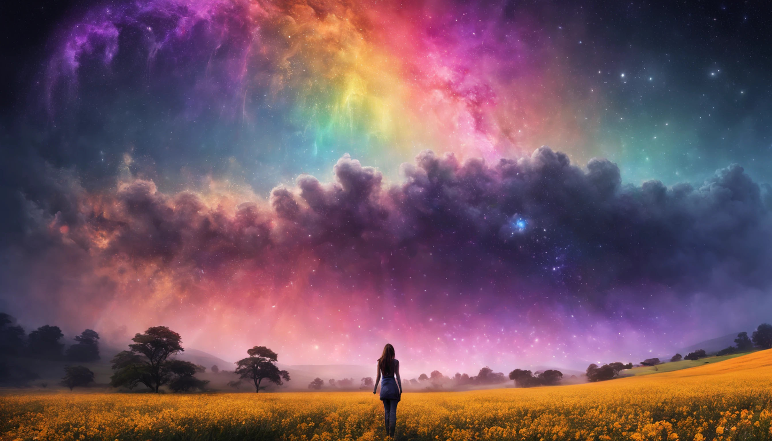 Vasta foto de paisagem, (vista de baixo, The sky is above and the open field is below), a girl standing on a flower field looking up, (lua cheia: 1.2), (meteoro: 0.9), (nebulosa: 1.3), montanhas distantes, Árvores BREAK Crafting Art, (Luz Quente: 1.2), (Vagalumes: 1.2), Luzes, Muito Roxo e Laranja, Detalhes Intrincados, volumeric lighting, Realismo BREAK (Obra-prima: 1.2), (melhor qualidade), 4k, ultra-detalhado, (dynamic compositing: 1.4), detalhes muito detalhados e coloridos, (rainbow colors: 1.2), (bright illumination, Atmospheric Illumination), sonhador, magica, (solo: 1.2)