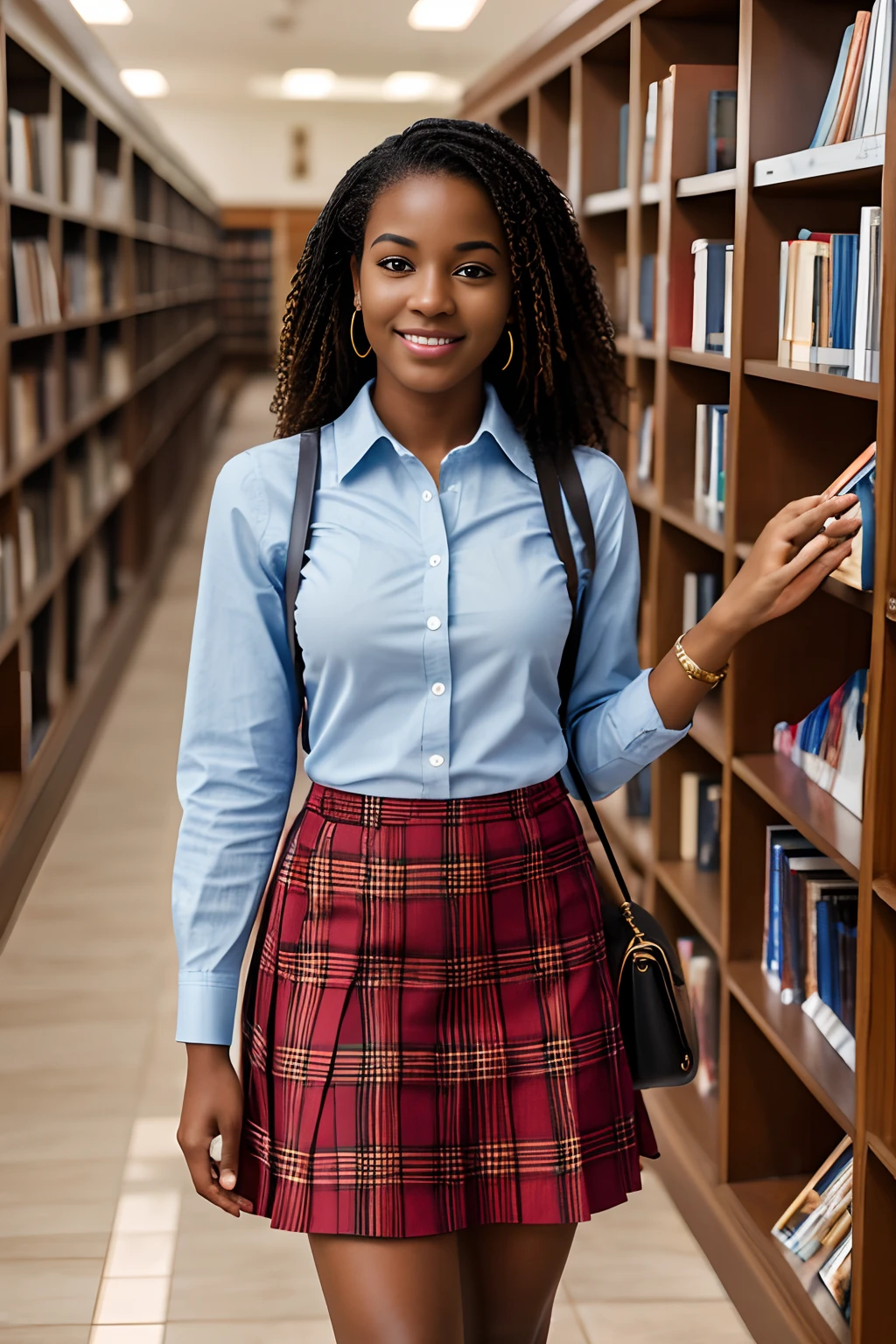 8k, highest quality, ultra details, African-American, young female, preppy American style, collared shirt, plaid skirt, loafers, studying in a library.