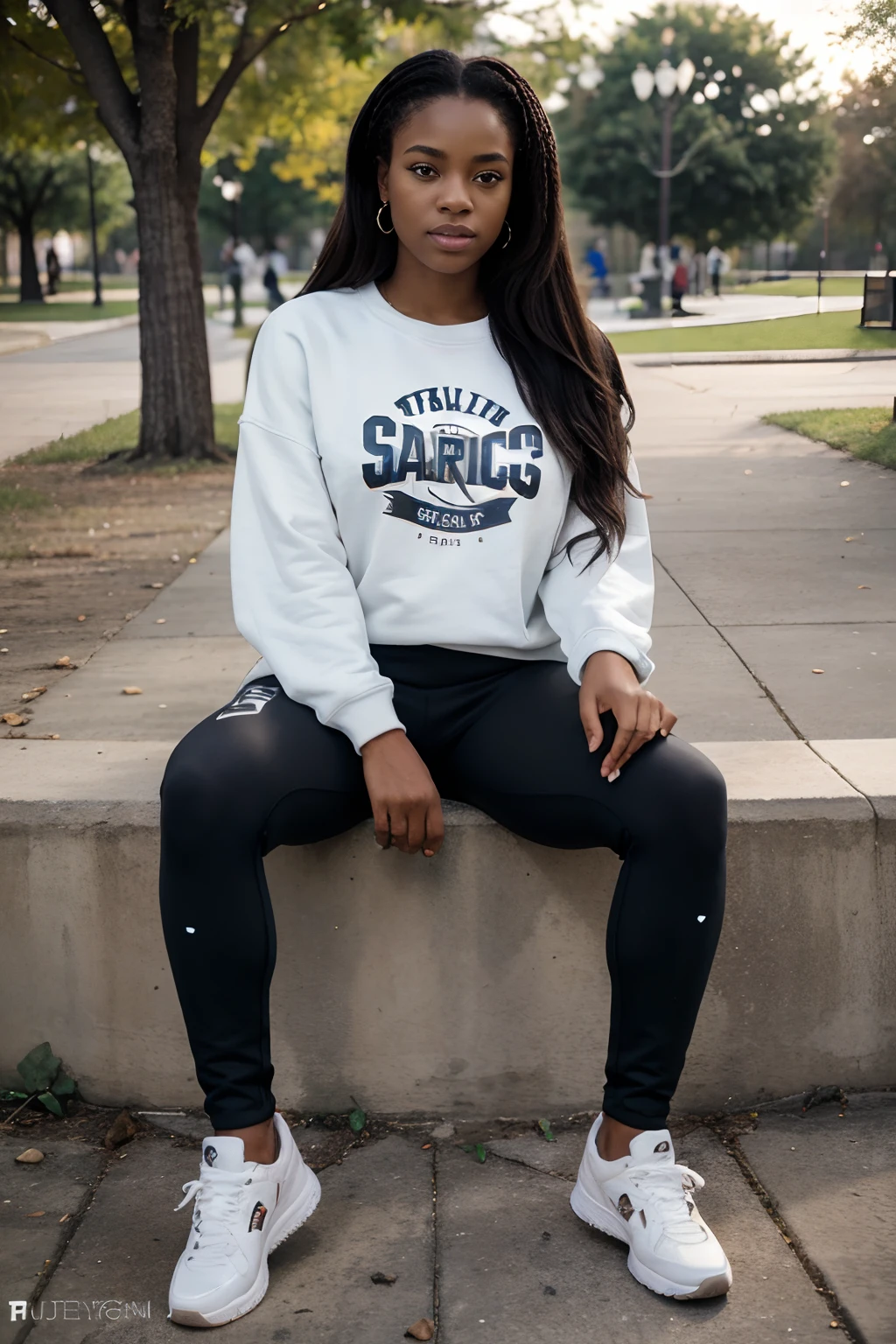 8k, highest quality, ultra details, African-American, young female, casual American outfit, graphic sweatshirt, leggings, sneakers, hanging out with friends in a park.