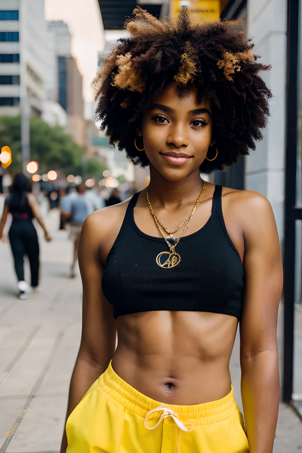 8k, highest quality, ultra details, African-American, young female, natural hair, confident expression, urban setting, street fashion, vibrant colors