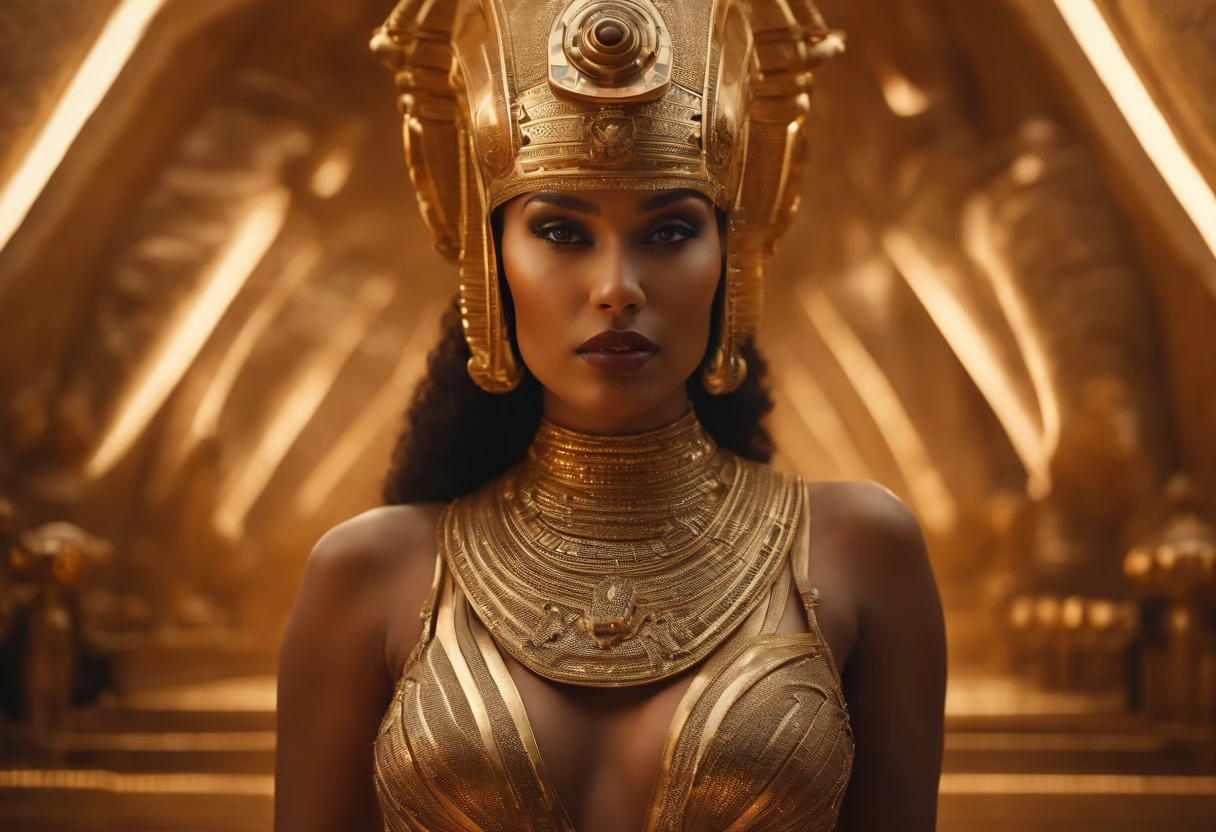best quality, portrait of a beautiful, curvy woman in futuristic headdress inspired by an ancient egypt king and Cleopatra, tutankhamun, snake, gold, silver, stones, scarab beetle, eyes protected by a transparent visor, transparent limestone, microchips, Integrated Circuit, cabels, electric glow, retro futurism, behind the woman there is a red desert landscape with ancient pyramids but with a futuristic touch, mecha-girl, human machine integration, short skirt in gold