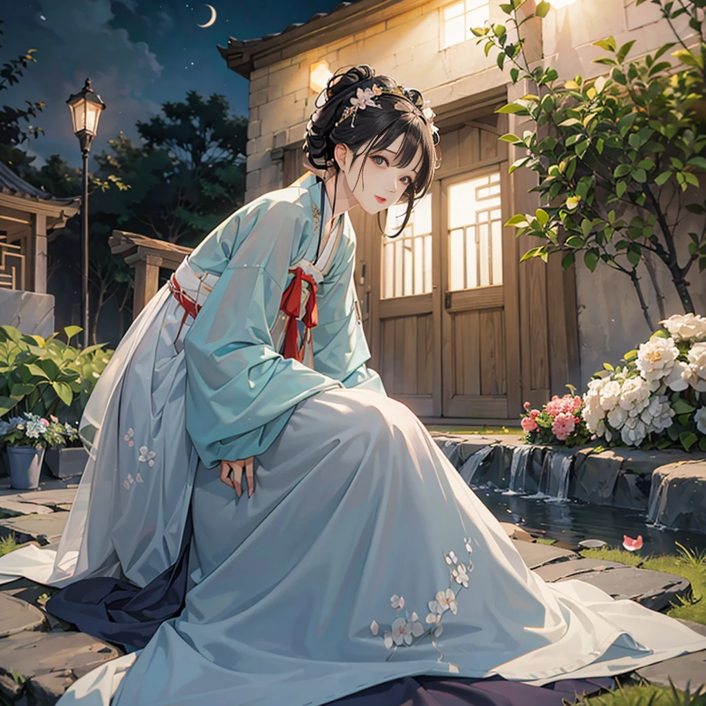 (Best quality,A high resolution,Clear image:1.2),Ultra-detailed background,Beautiful woman,Korean traditional hanbok,Delicate petals,Garden scene,Under the moonlight,Romantic atmosphere,Dutch Angle Shot,Soft lighting,shelmet