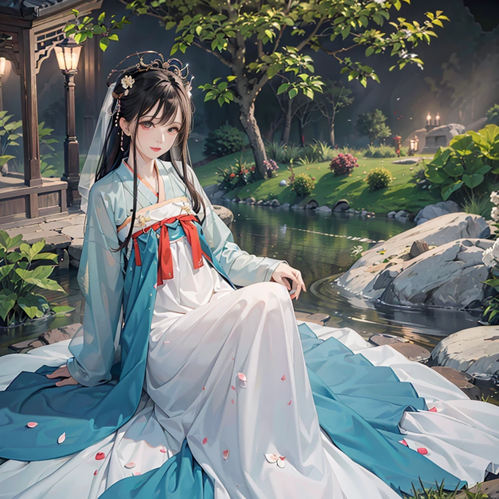 (Best quality,A high resolution,Clear image:1.2),Ultra-detailed background,Beautiful woman,Korean traditional hanbok,Delicate petals,Garden scene,Under the moonlight,Romantic atmosphere,Dutch Angle Shot,Soft lighting,shelmet