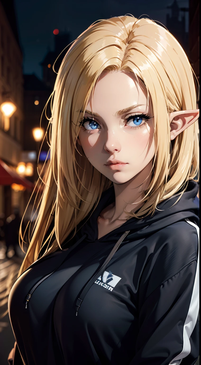 (masterpiece, best quality:1.4), 1girl, upper body, wearing Streetwear ((Hoodie)), blonde_hair, blue_eyes, serious face, closed_mouth, elf ears, looking_at_viewer, medium breast, full face blush, blurry background, depth of field, dinamic lighting, sharp focus, realistic proportions, good anatomy, Cityscape , outside, at night