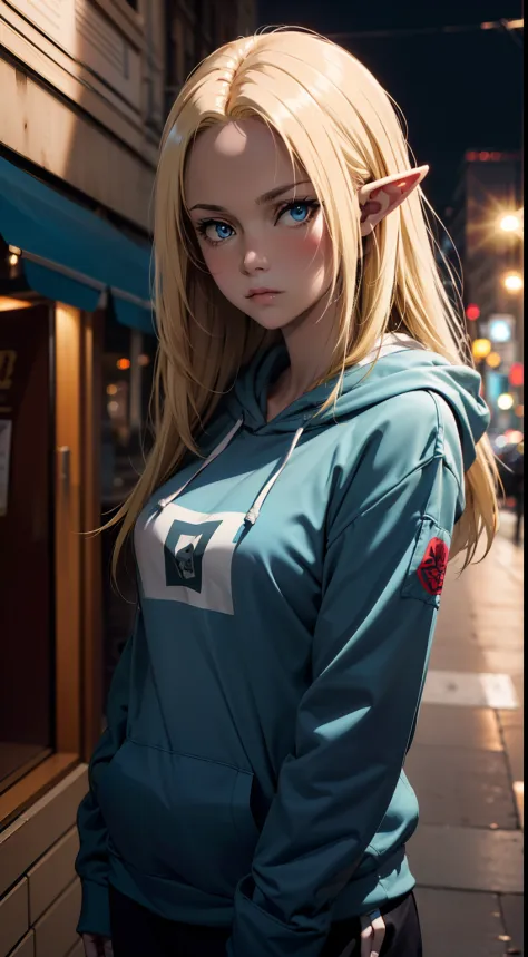 (masterpiece, best quality:1.4), 1girl, upper body, wearing streetwear ((hoodie)), blonde_hair, blue_eyes, serious face, closed_...