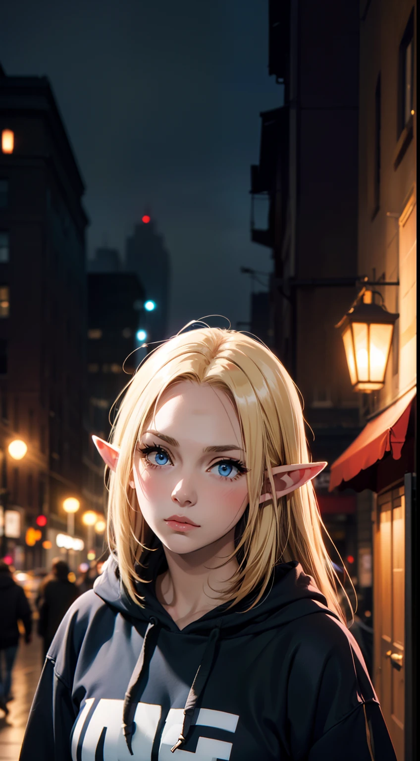 (masterpiece, best quality:1.4), 1girl, upper body, wearing Streetwear ((Hoodie)), blonde_hair, blue_eyes, serious face, closed_mouth, elf ears, looking_at_viewer, medium breast, full face blush, blurry background, depth of field, dinamic lighting, sharp focus, realistic proportions, good anatomy, Cityscape , outside, at night