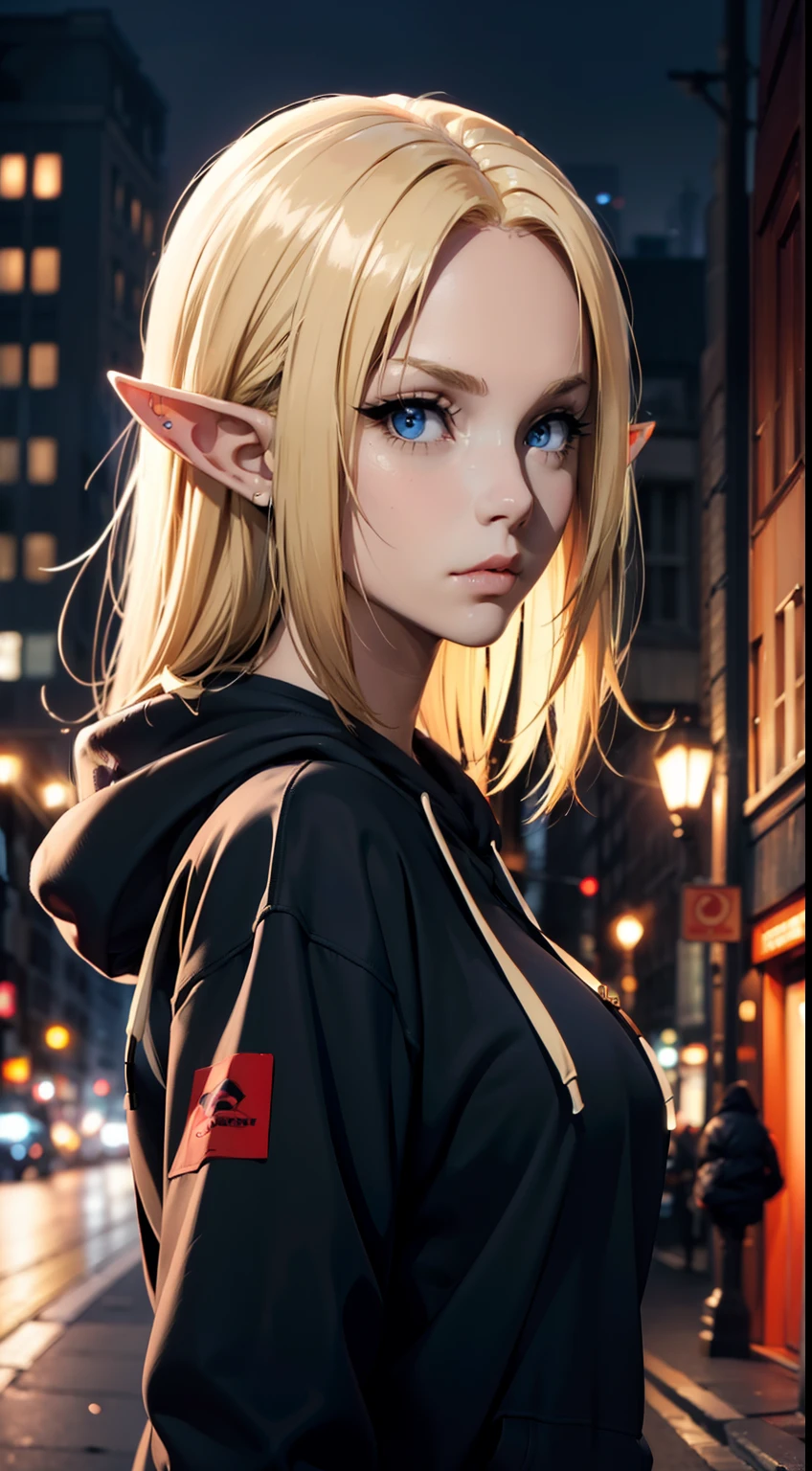 (masterpiece, best quality:1.4), 1girl, upper body, wearing Streetwear ((Hoodie)), blonde_hair, blue_eyes, serious face, closed_mouth, elf ears, looking_at_viewer, medium breast, full face blush, blurry background, depth of field, dinamic lighting, sharp focus, realistic proportions, good anatomy, Cityscape , outside, at night