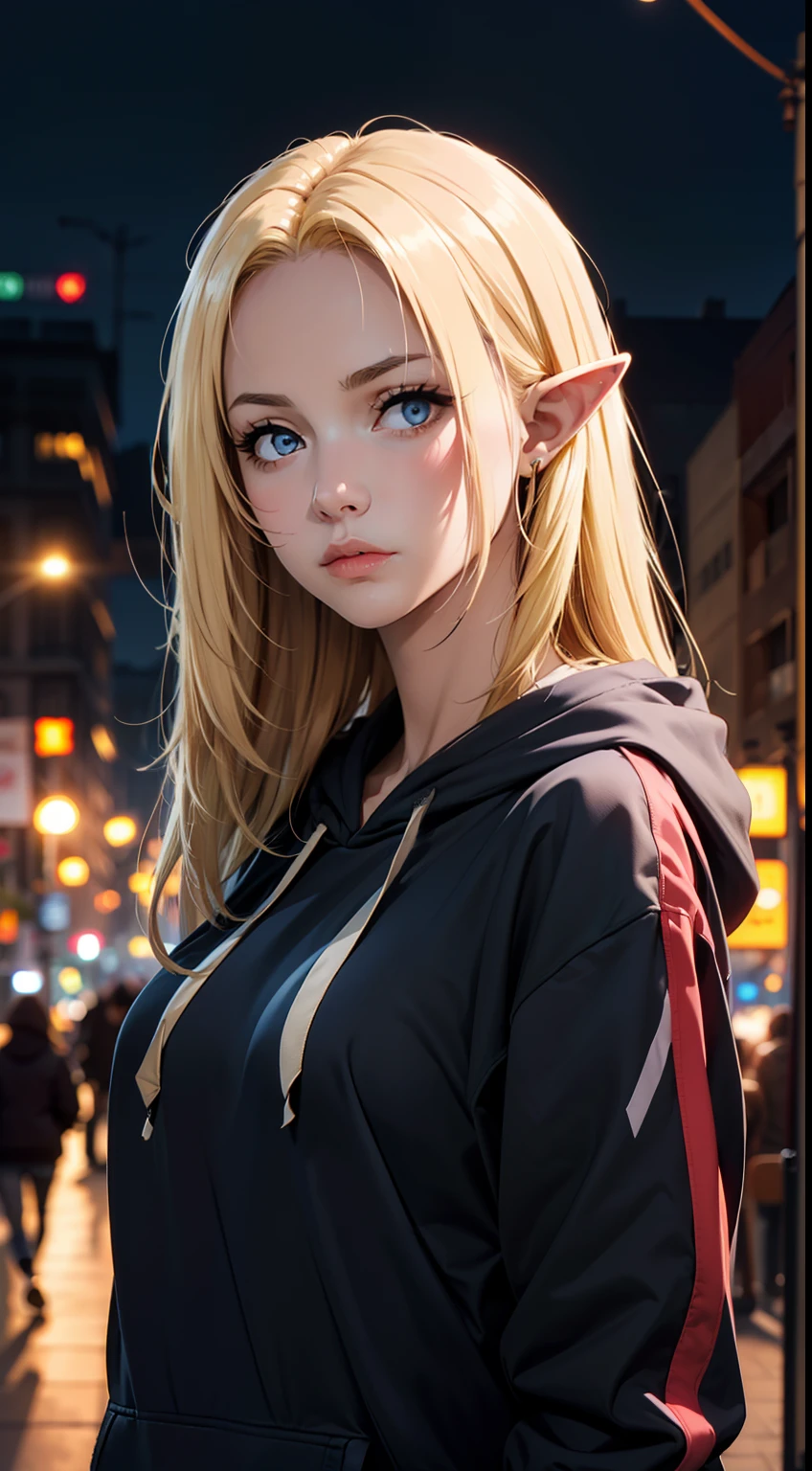 (masterpiece, best quality:1.4), 1girl, upper body, wearing Streetwear ((Hoodie)), blonde_hair, blue_eyes, serious face, closed_mouth, elf ears, looking_at_viewer, medium breast, full face blush, blurry background, depth of field, dinamic lighting, sharp focus, realistic proportions, good anatomy, Cityscape , outside, at night