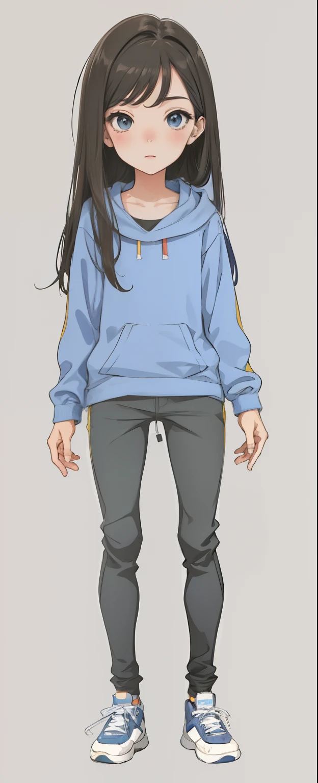 A cartoon girl with long hair and blue hoodie standing in front of a gray  background - SeaArt AI