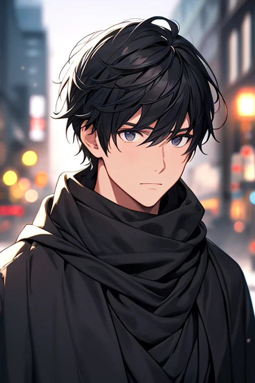 A black hair and black outfit，Man with black scarf and black hoodie and black and white background, (1girll:0.872), (Black hair:0.758), (Blurry:0.926), (The background is blurred out:0.703), (Brown eyes:0.562), (Depth of field:0.625), (Long hair:0.855), (Outdoors:0.541), (Scarf:0.989), (Snow:0.925), (Solo:0.886), (Upper body:0.683)